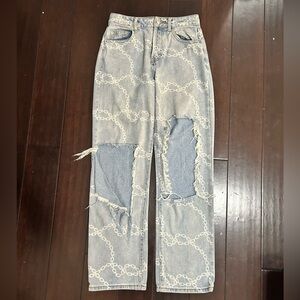 Adika Light Blue Chain Pattern Distressed Jeans